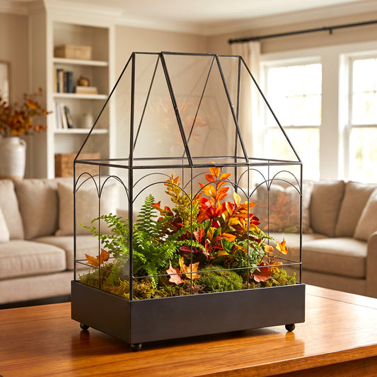 h potter brand glass terrarium, filled with green ferns, moss, and orange autumn foliage, displayed on a wooden table in a living room setting.