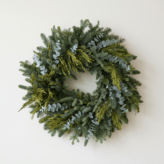 H Potter Evergreen Mist fresh evergreen Christmas wreath with noble fir, incense cedar and baby eucalyptus