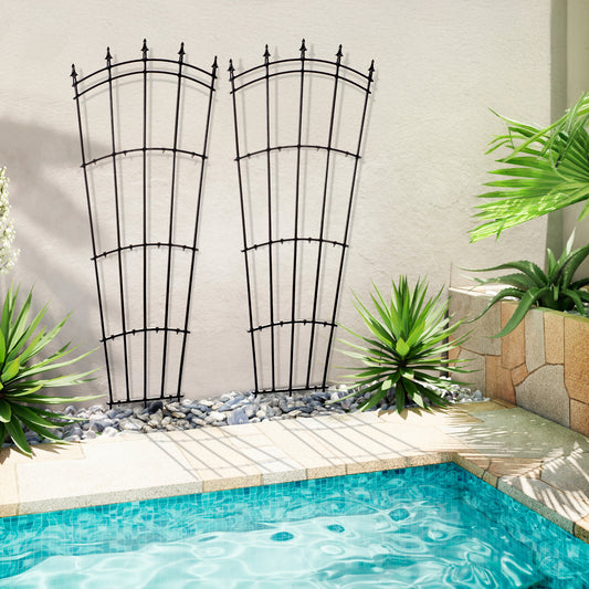 Black metal trellis by a pool with plants around