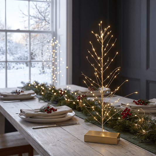 h potter lit decorative tabletop tree with thin branches and warm white fairy lights on a gold base, placed on a dining table with holiday greenery, plates, and red berries in a real indoor setting.