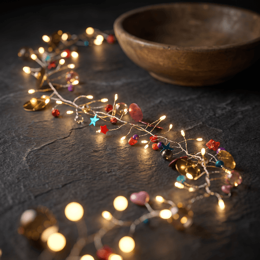 H Potter decorative fairy string lights with colorful heart and star-shaped beads, arranged on a dark slate surface with a wooden bowl in the background.
