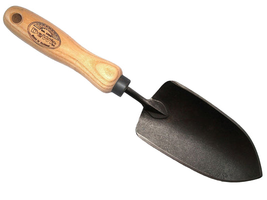 H Potter × DeWit forged garden trowel with European ash handle on white background, premium boron steel hand tool