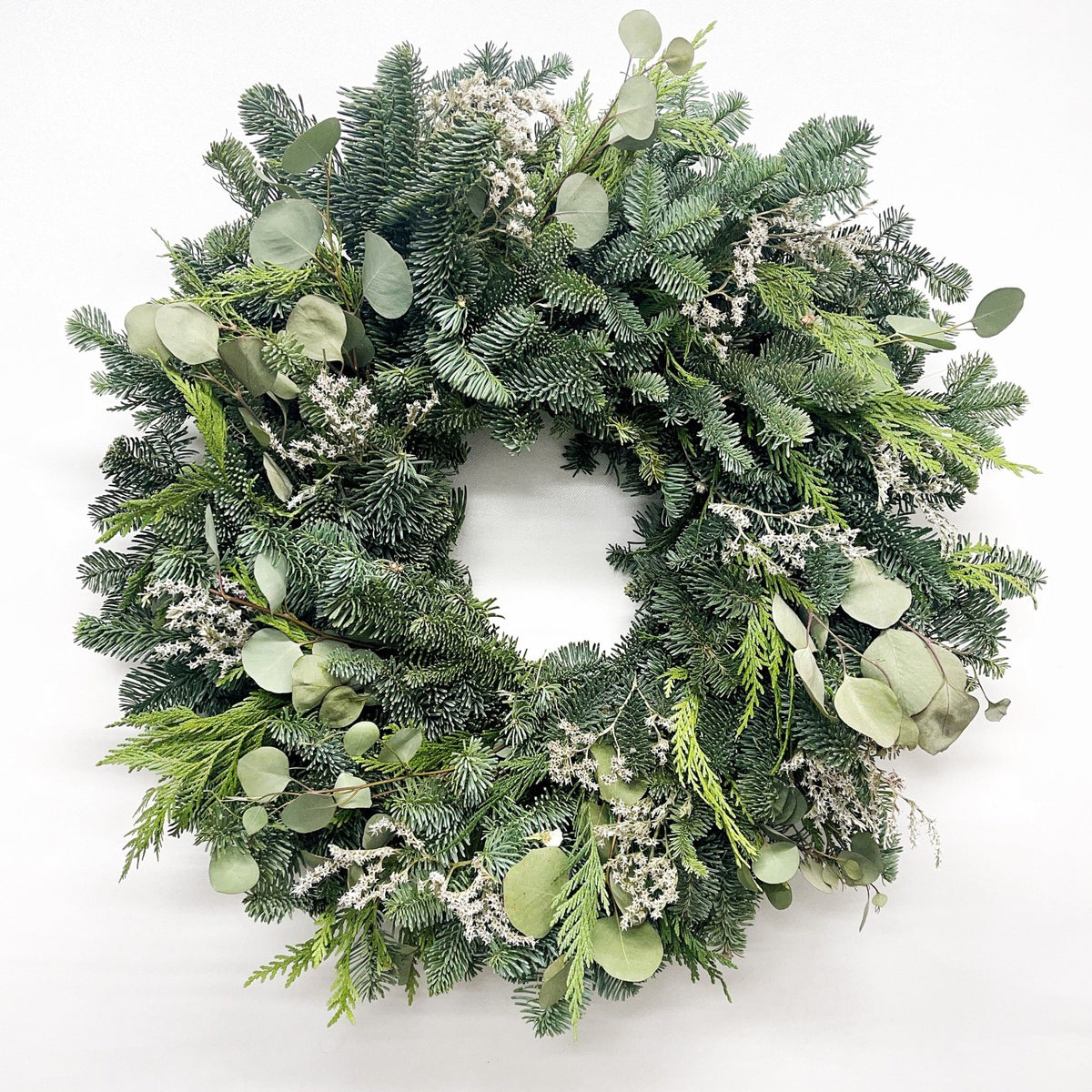 H Potter fresh evergreen Christmas wreath with noble fir, eucalyptus, cedar and dried statice
