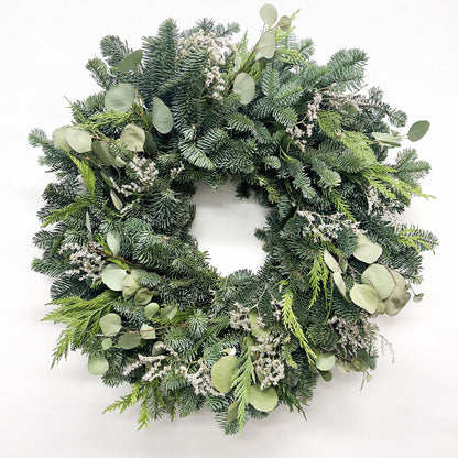 H Potter fresh evergreen Christmas wreath with noble fir, eucalyptus, cedar and dried statice