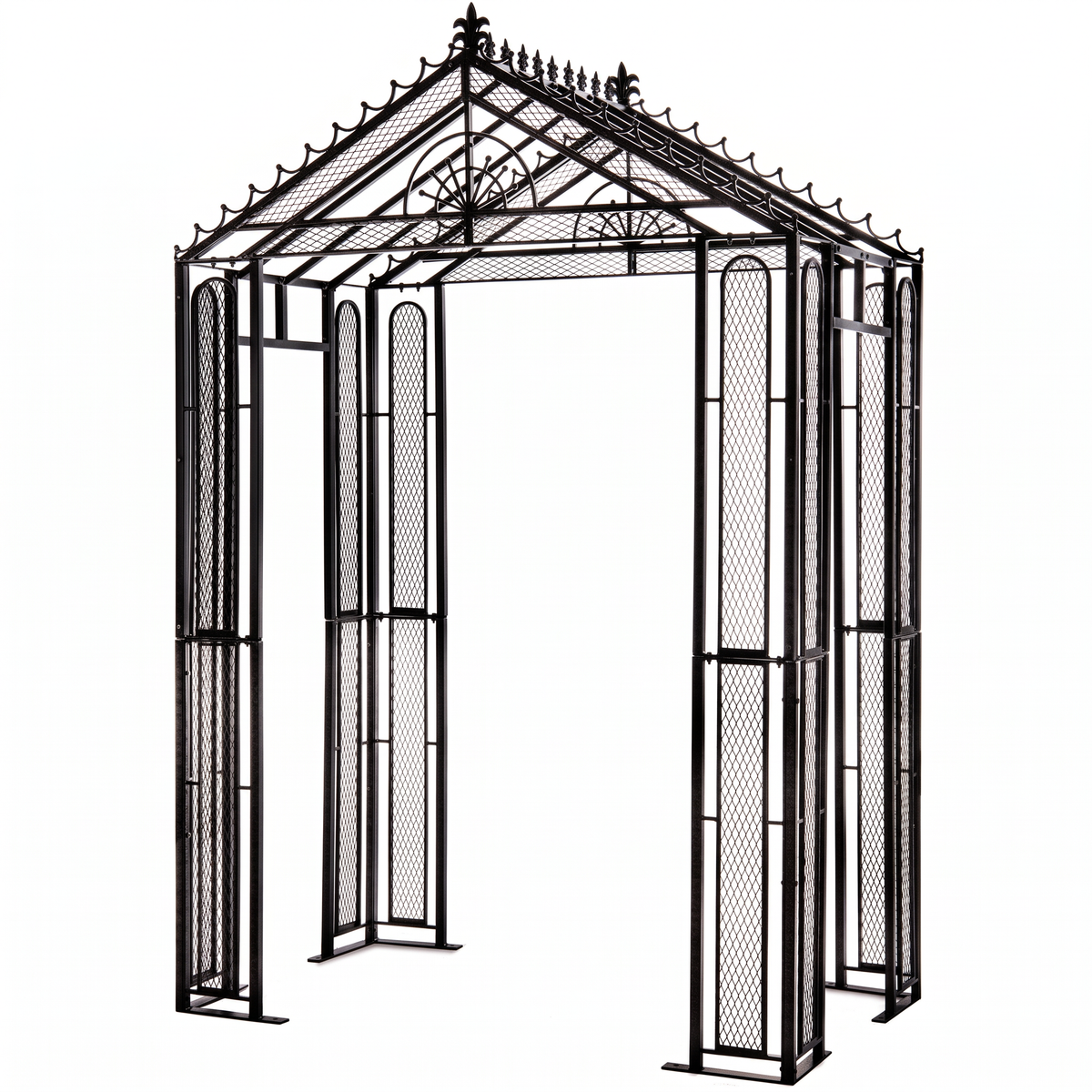 H Potter Marabella black garden arbor with decorative iron roof and mesh trellis panels for climbing plants