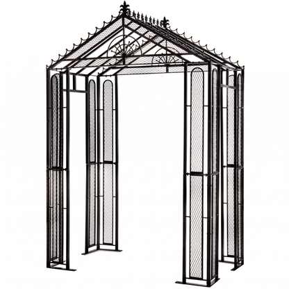 H Potter Marabella black garden arbor with decorative iron roof and mesh trellis panels for climbing plants