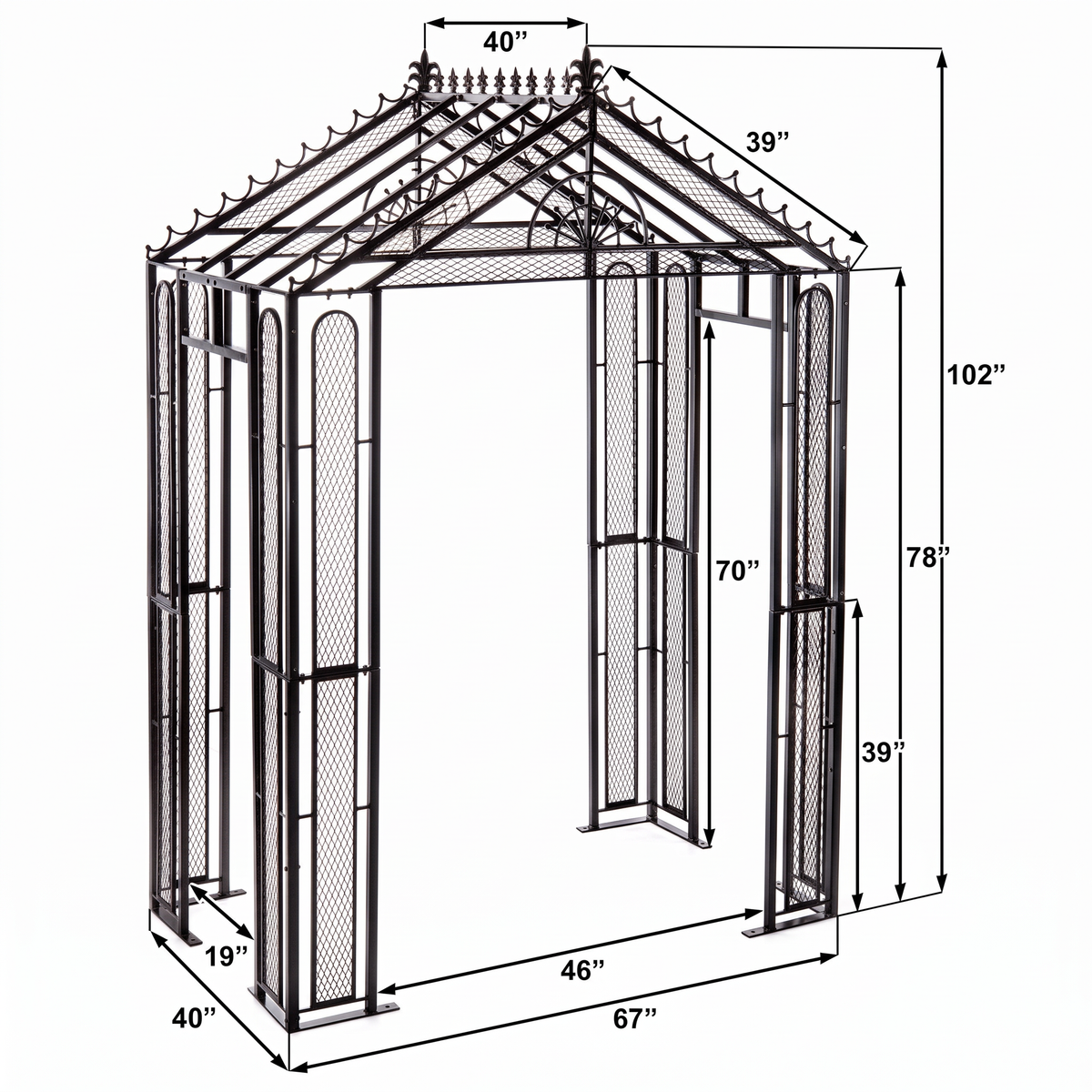 H Potter Marabella black garden arbor dimensions showing 102-inch height, 67-inch width and 40-inch depth