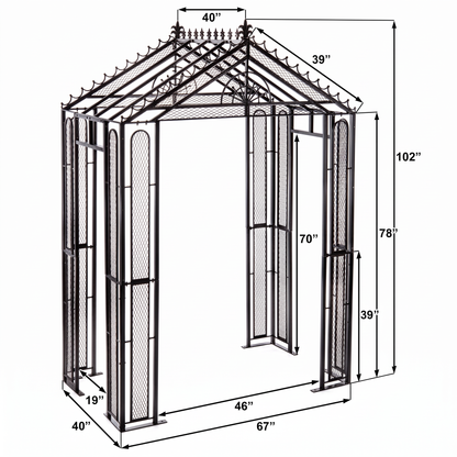 H Potter Marabella black garden arbor dimensions showing 102-inch height, 67-inch width and 40-inch depth