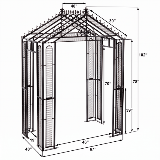 H Potter Marabella black garden arbor dimensions showing 102-inch height, 67-inch width and 40-inch depth