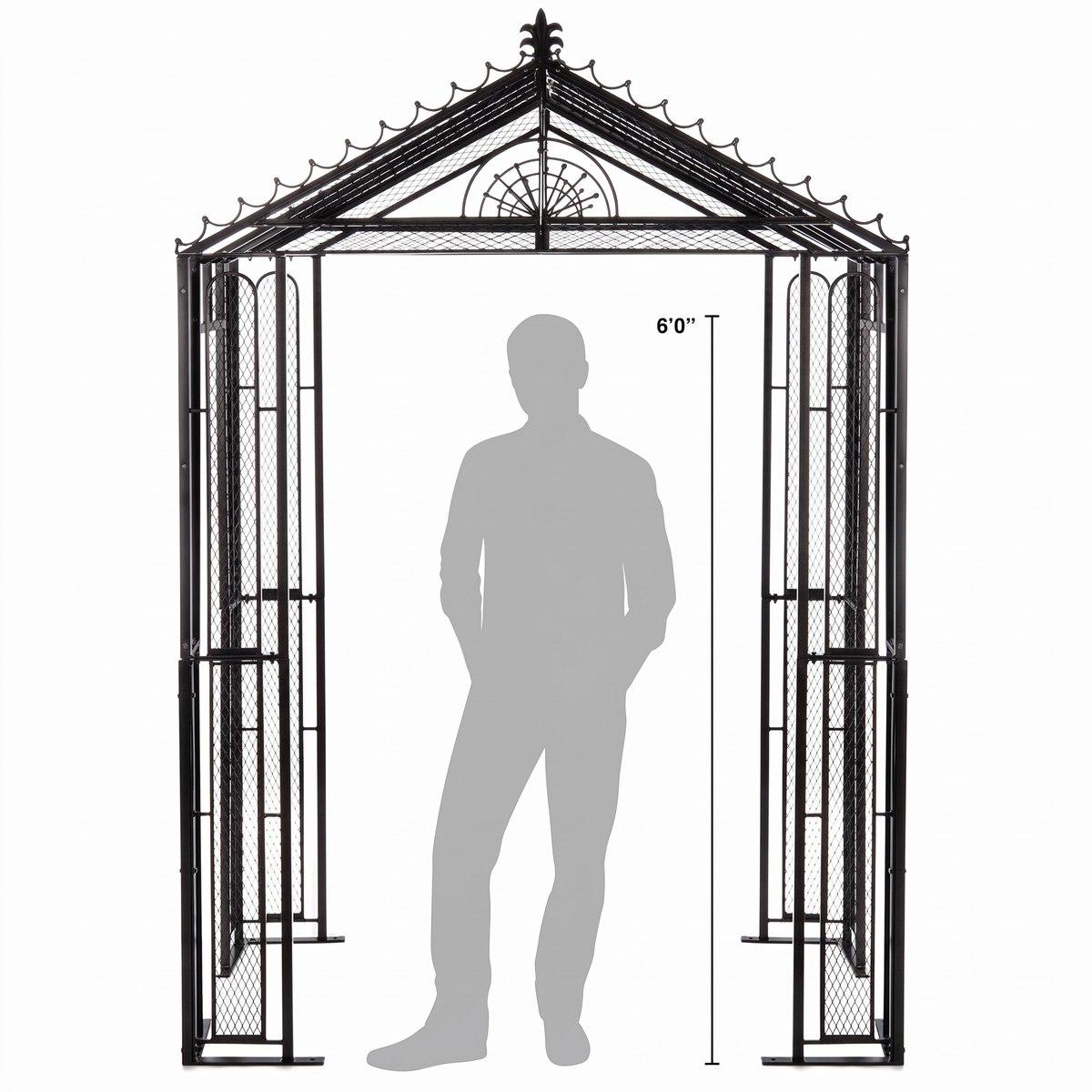 H Potter Marabella 102-inch tall black garden arbor shown with a 6-foot person for scale