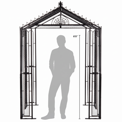 H Potter Marabella 102-inch tall black garden arbor shown with a 6-foot person for scale