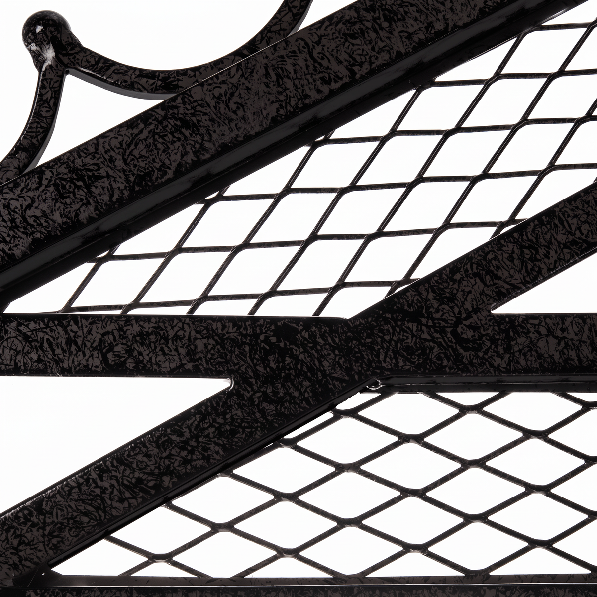 H Potter Marabella black garden arbor roof with decorative iron scrollwork, fleur-de-lis finials and climbing plant framework