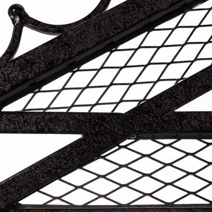 H Potter Marabella black garden arbor roof with decorative iron scrollwork, fleur-de-lis finials and climbing plant framework