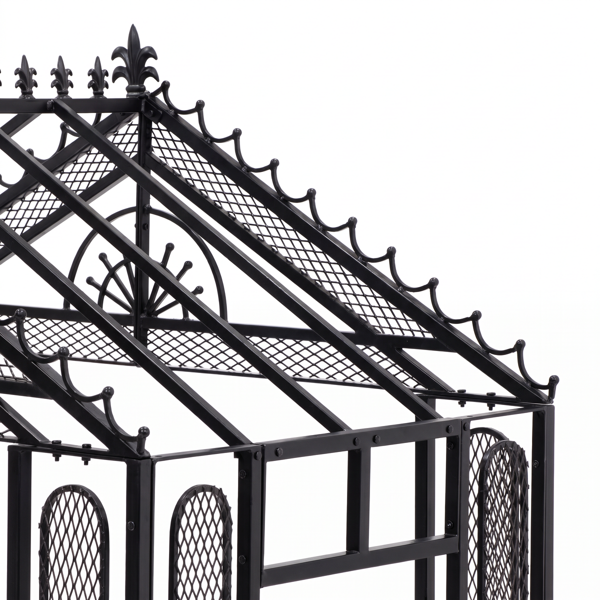 Close-up of H Potter Marabella garden arbor black iron roof framework and mesh trellis design