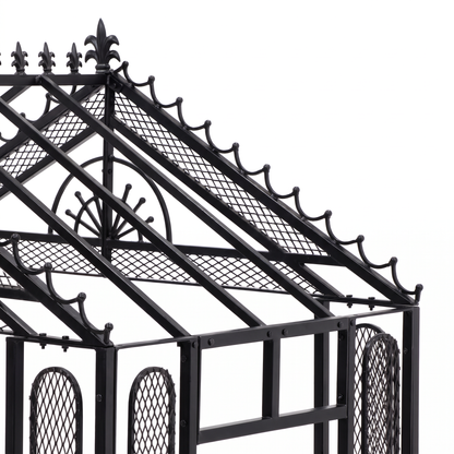 Close-up of H Potter Marabella garden arbor black iron roof framework and mesh trellis design