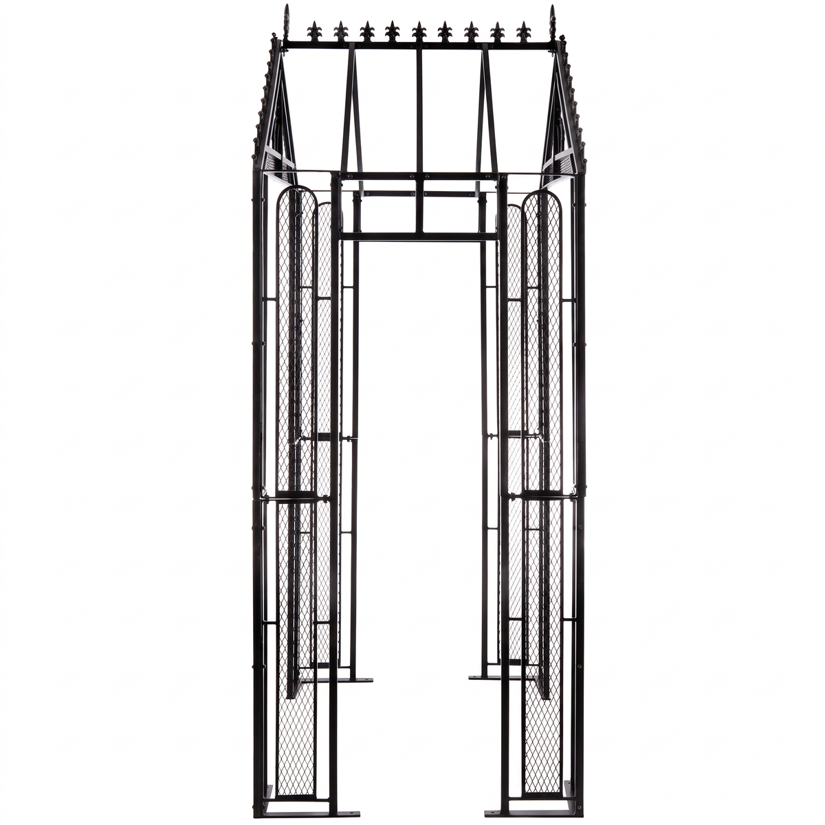 H Potter Marabella black garden arbor side view showing deep trellis panels and decorative peaked roof