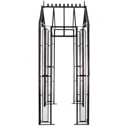 H Potter Marabella black garden arbor side view showing deep trellis panels and decorative peaked roof