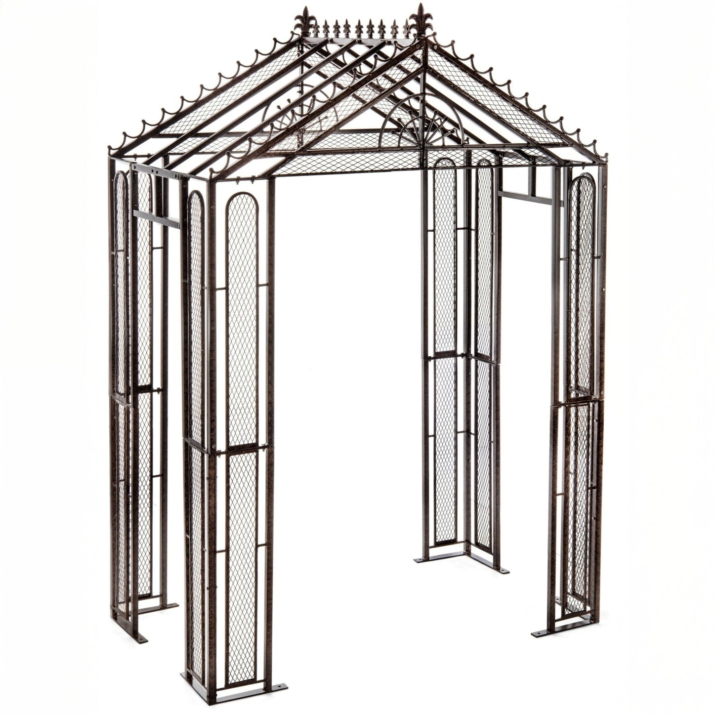 Heavy-duty H Potter metal garden arbor trellis arch with decorative roof and mesh panels for supporting climbing plants outdoors.
