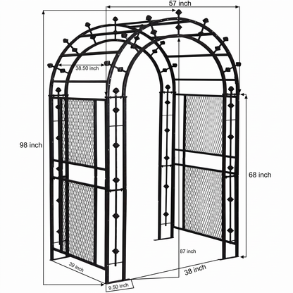 H Potter black garden arbor dimensions showing 98-inch height, 57-inch width and 38-inch