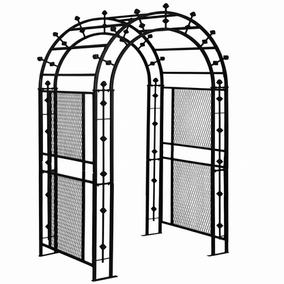 H Potter black iron garden arbor with decorative side panels and arched trellis top