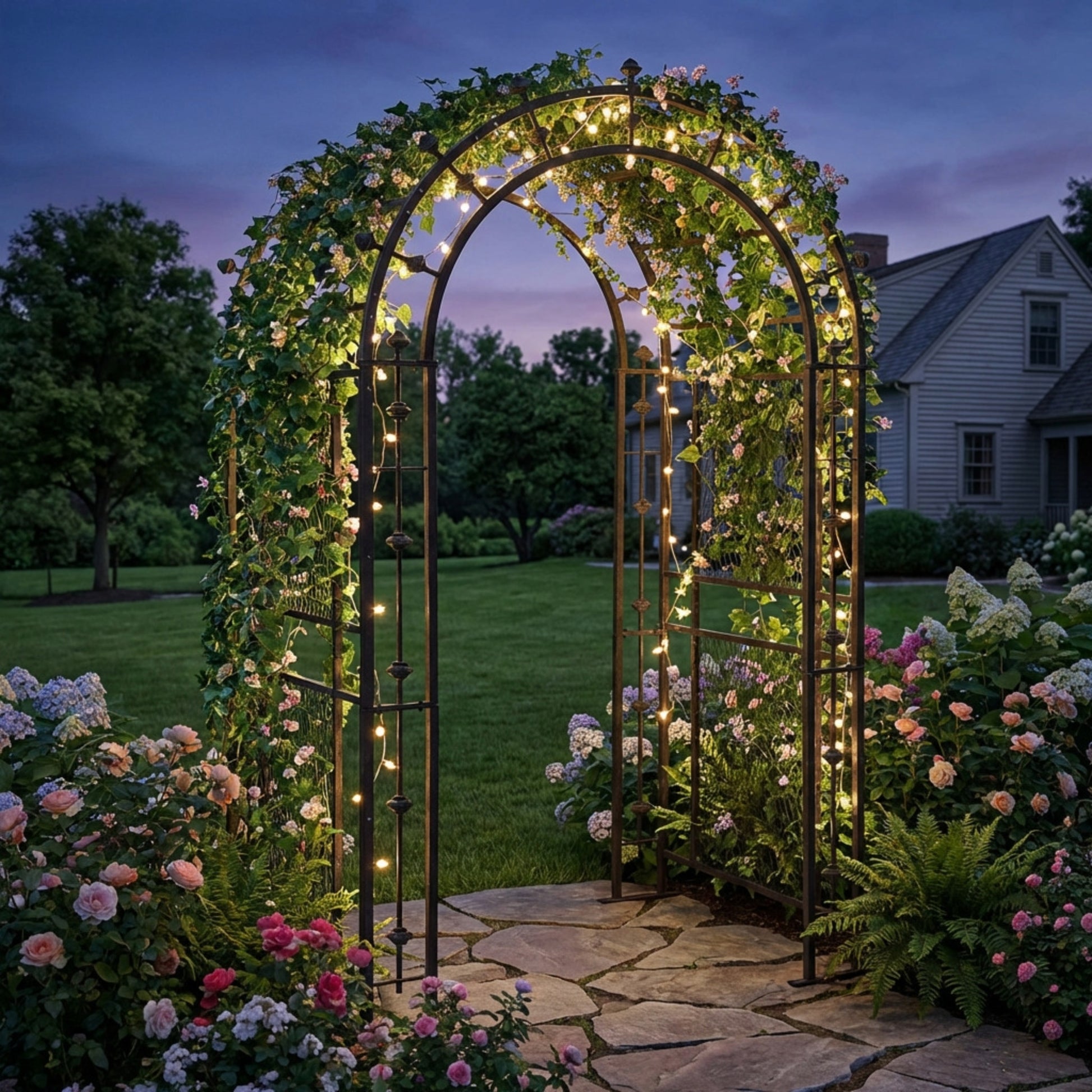 H Potter metal garden arbor arch archway over a stone path in a backyard with lights and ivy