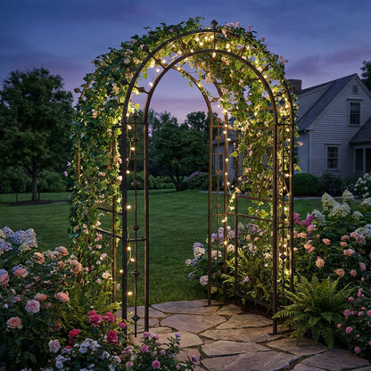 H Potter metal garden arbor arch archway over a stone path in a backyard with lights and ivy
