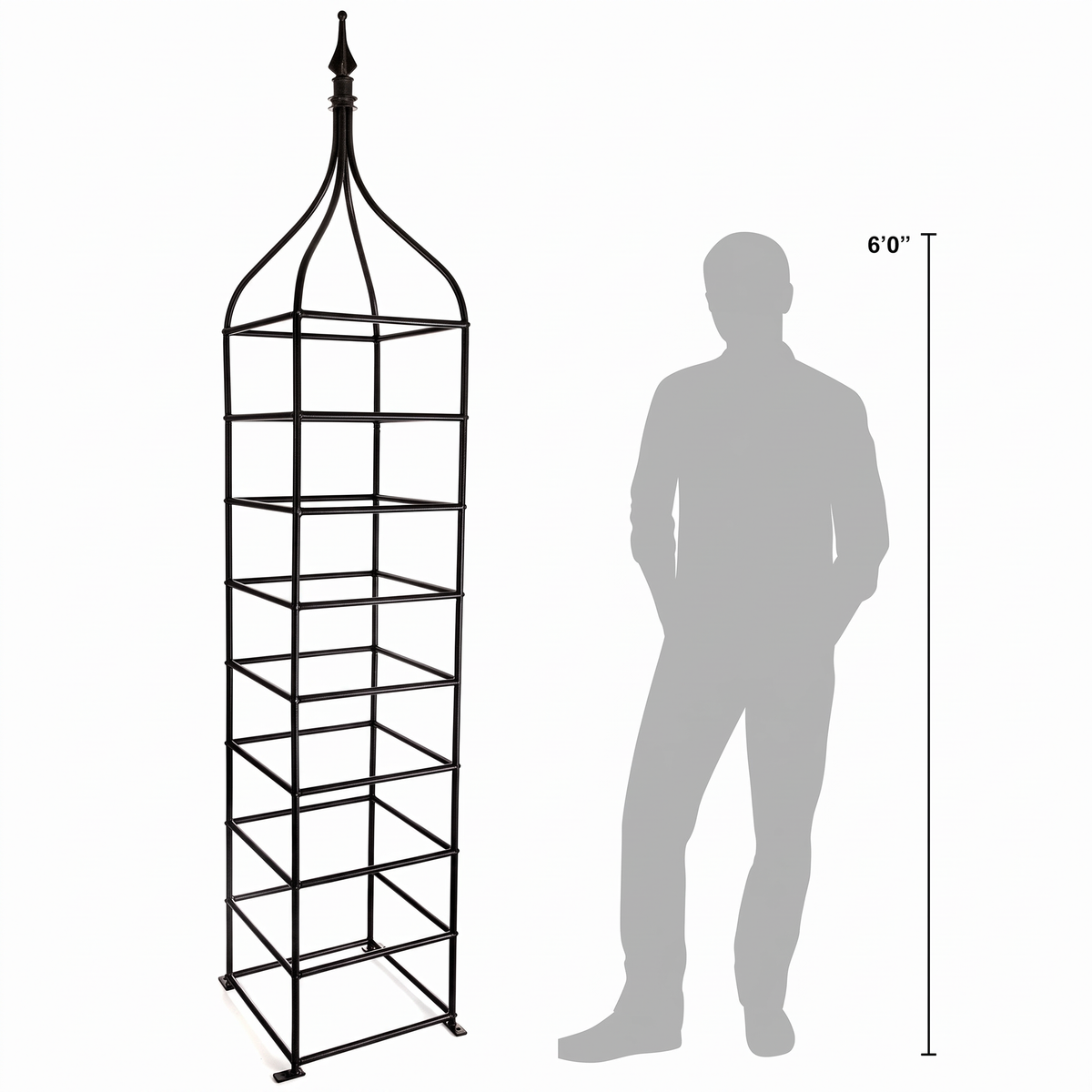 H Potter Clairmont black iron garden obelisk trellis shown beside 6-foot person for scale