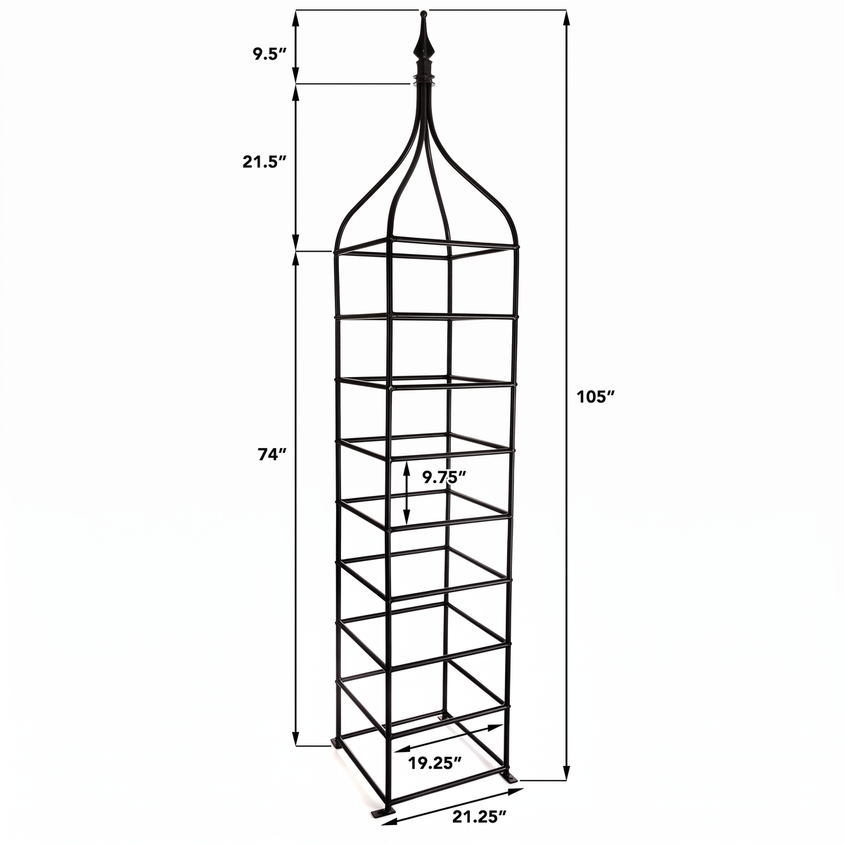 H Potter Clairmont black iron garden obelisk trellis dimensions – 105 inches tall and 21.25 inches wide