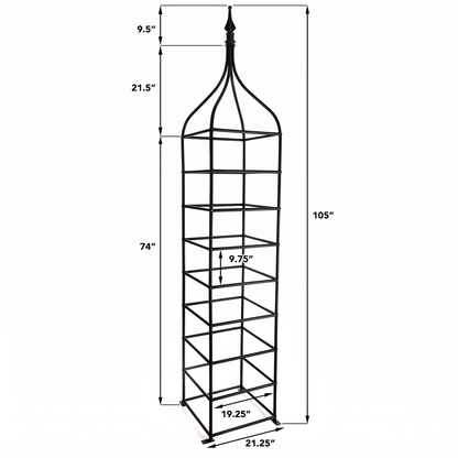 H Potter Clairmont black iron garden obelisk trellis dimensions – 105 inches tall and 21.25 inches wide