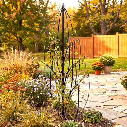 h potter garden obelisk in black finish in autumn garden backyard