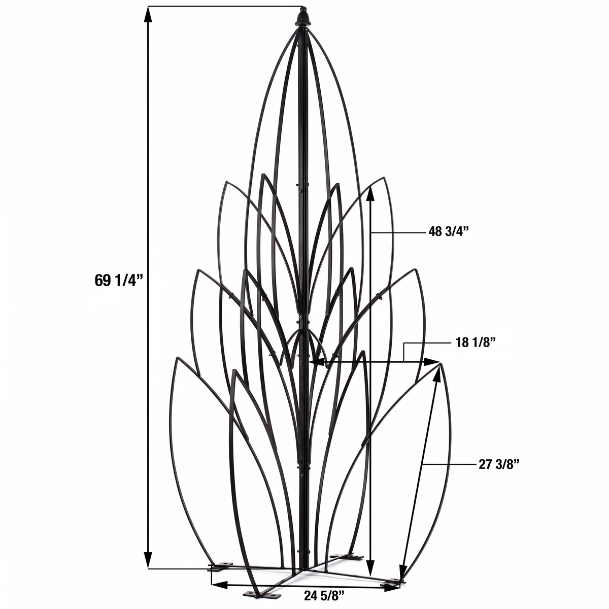 H Potter Lotus Bud black garden obelisk trellis dimensions showing 69 1/4 inch height and 24 5/8 inch base