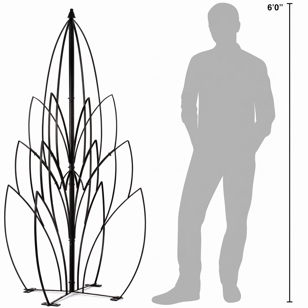 H Potter Lotus Bud black garden obelisk trellis shown beside a 6-foot person for scale