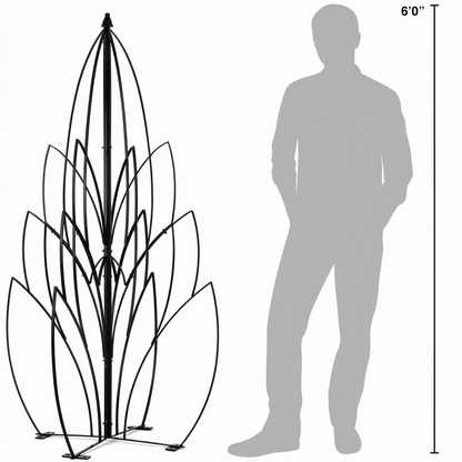 H Potter Lotus Bud black garden obelisk trellis shown beside a 6-foot person for scale