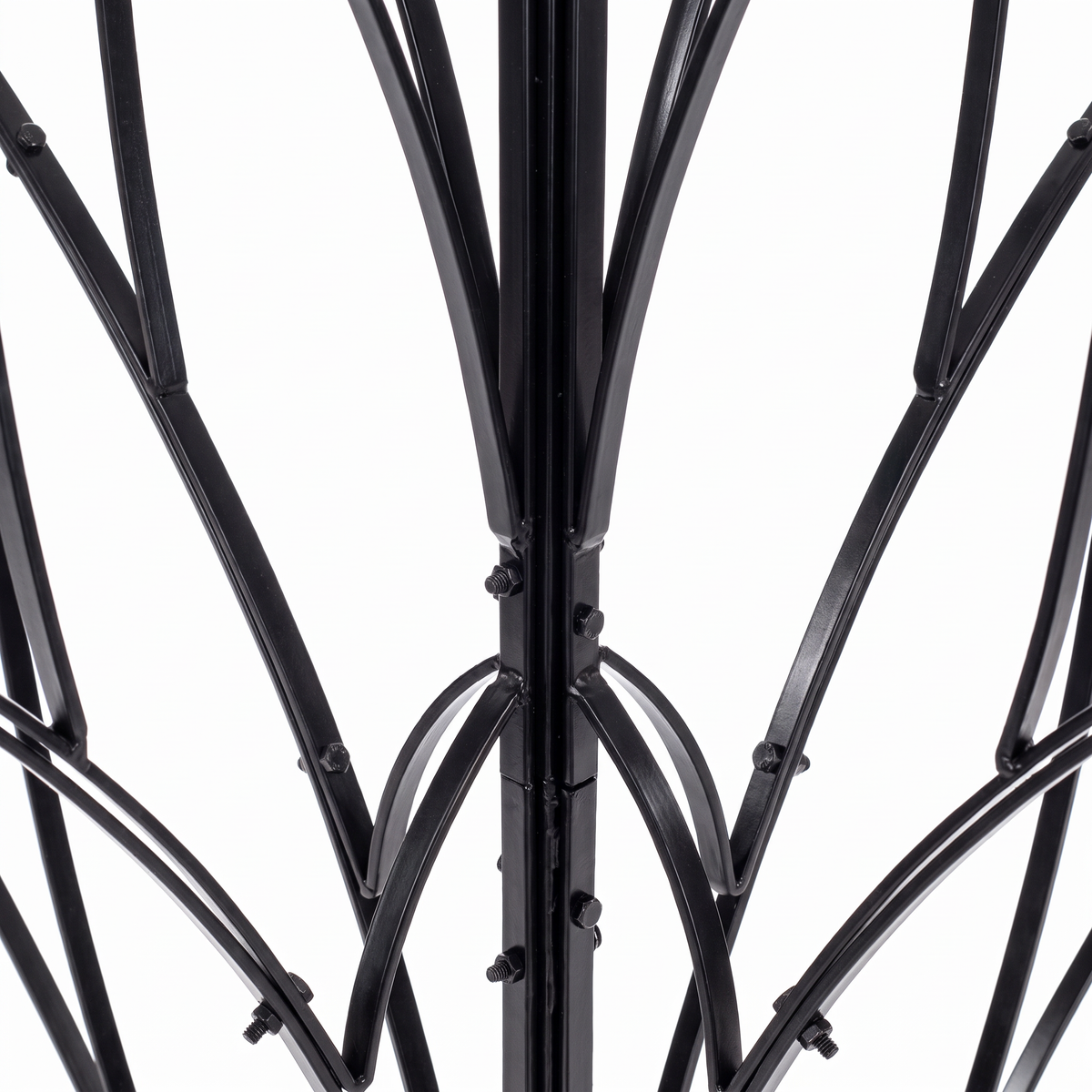 Close-up of black iron leaf design and construction on H Potter Lotus Bud garden obelisk trellis