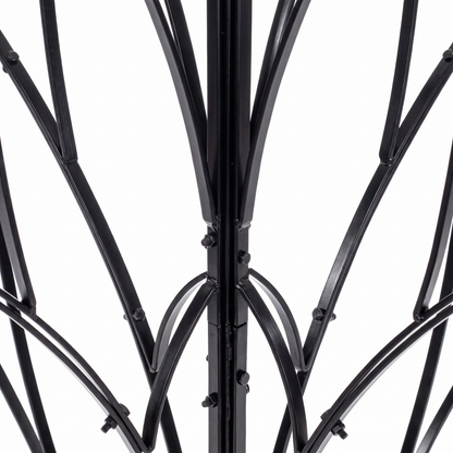 Close-up of black iron leaf design and construction on H Potter Lotus Bud garden obelisk trellis