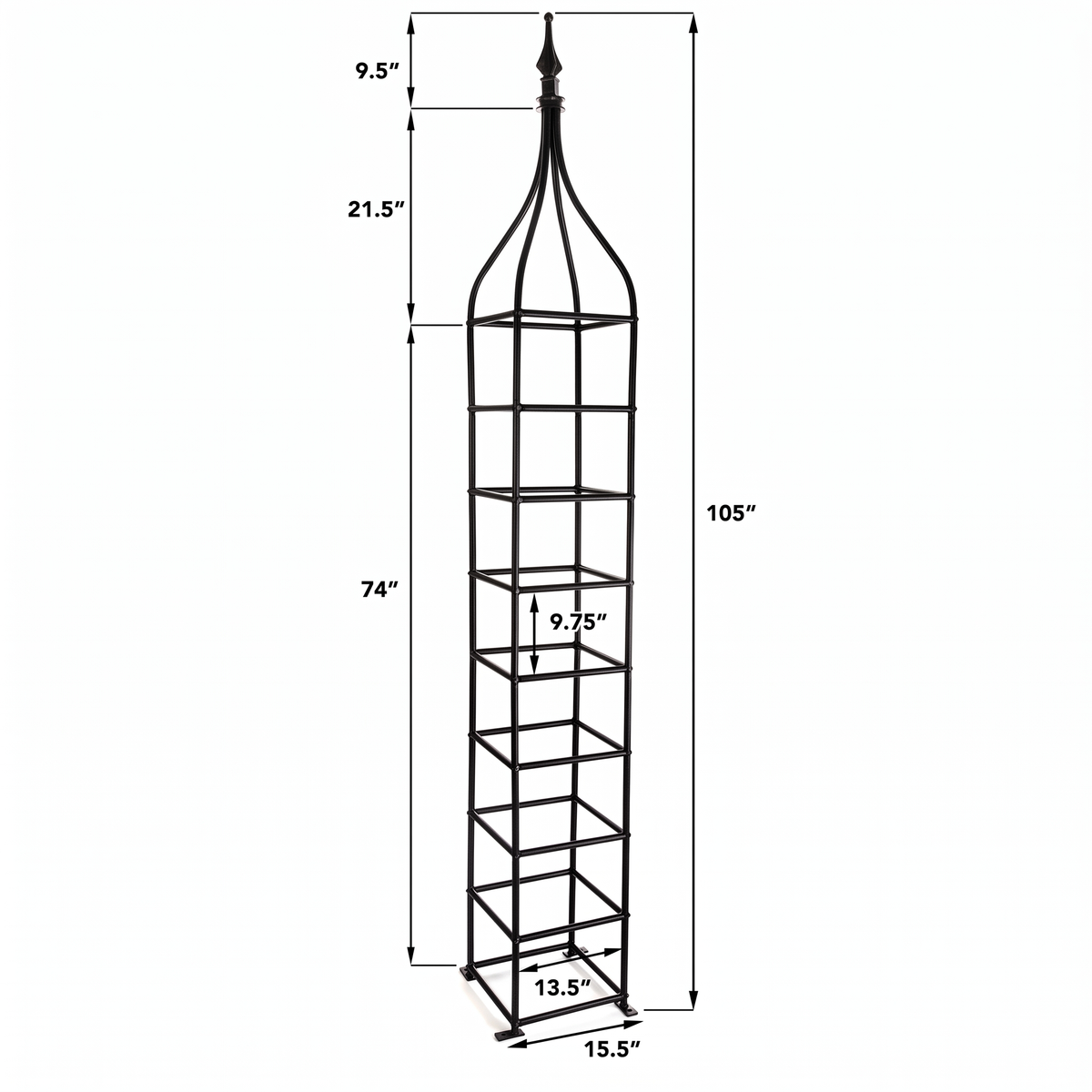 H Potter Rosemont black garden obelisk trellis dimensions showing 105-inch height and 15.5-inch base width