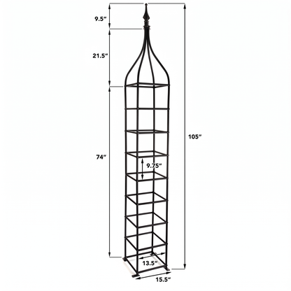 H Potter Rosemont black garden obelisk trellis dimensions showing 105-inch height and 15.5-inch base width
