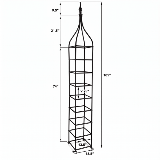 H Potter Rosemont black garden obelisk trellis dimensions showing 105-inch height and 15.5-inch base width