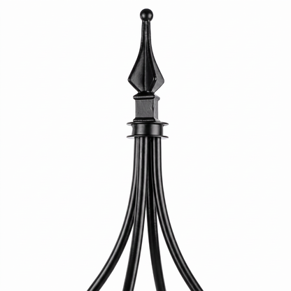 Close-up of decorative finial and curved ironwork on H Potter Rosemont black garden obelisk trellis