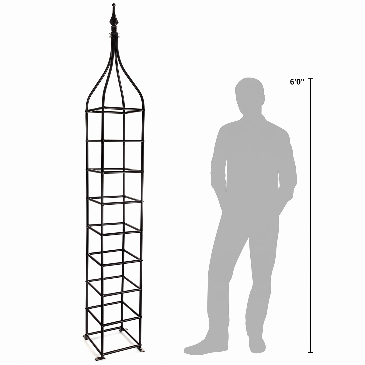 H Potter Rosemont 105-inch tall black garden obelisk trellis shown beside a 6-foot person for scale
