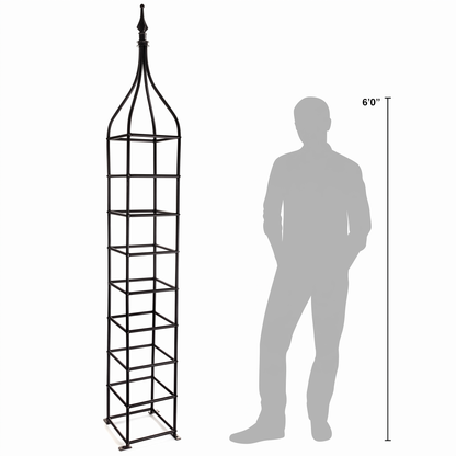 H Potter Rosemont 105-inch tall black garden obelisk trellis shown beside a 6-foot person for scale