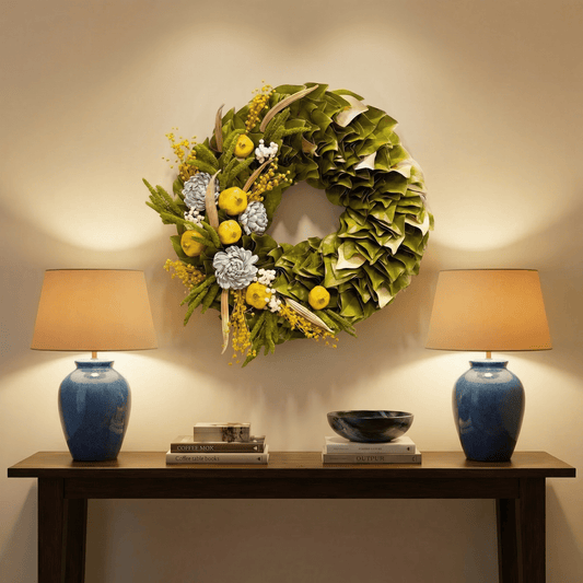 H Potter garden radiance dried wreath on a wall above a console table