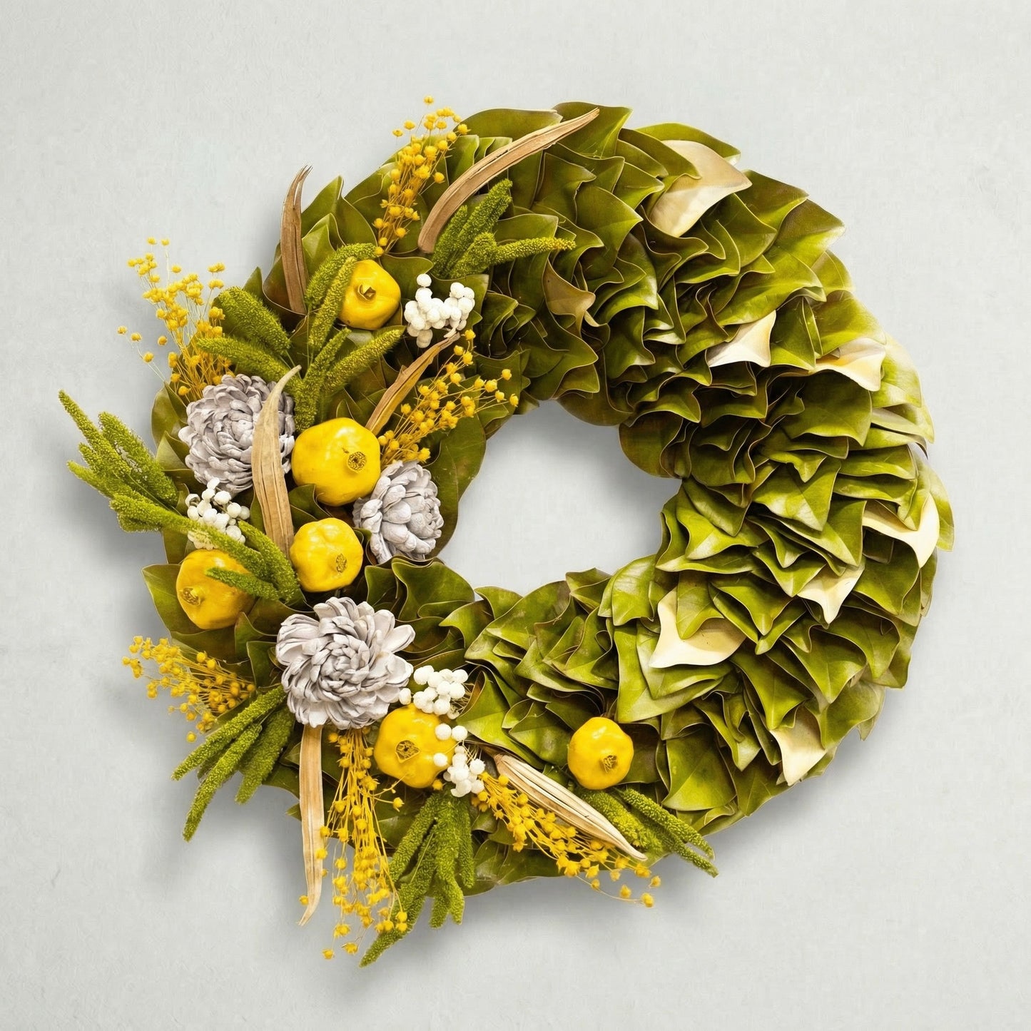 h potter garden radiance dried wreath on off white background