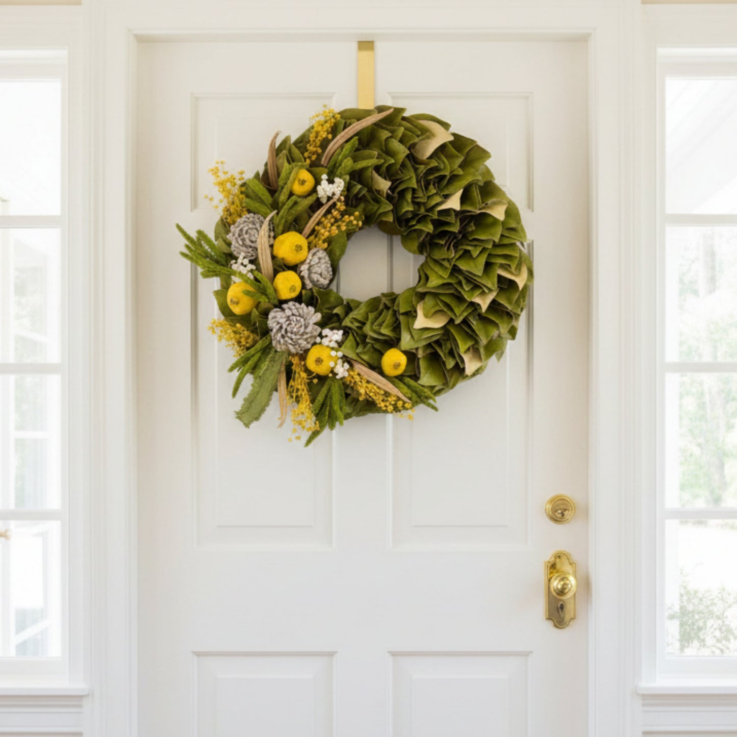 h potter garden radiance dried wreath on white door
