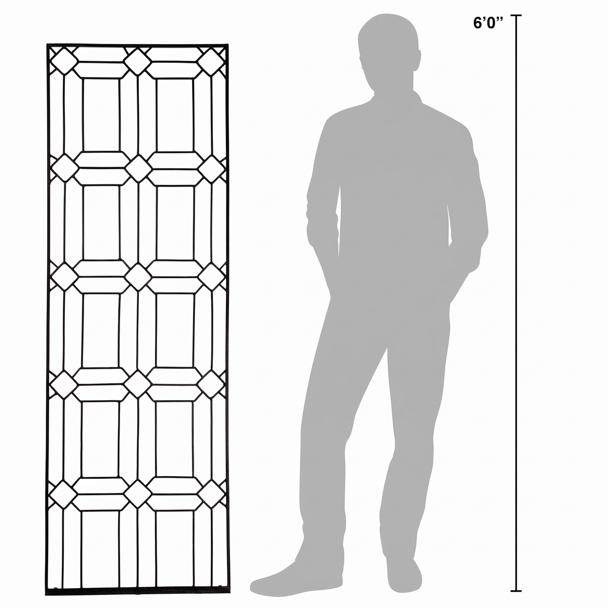 Black diamond garden trellis beside person showing height and scale