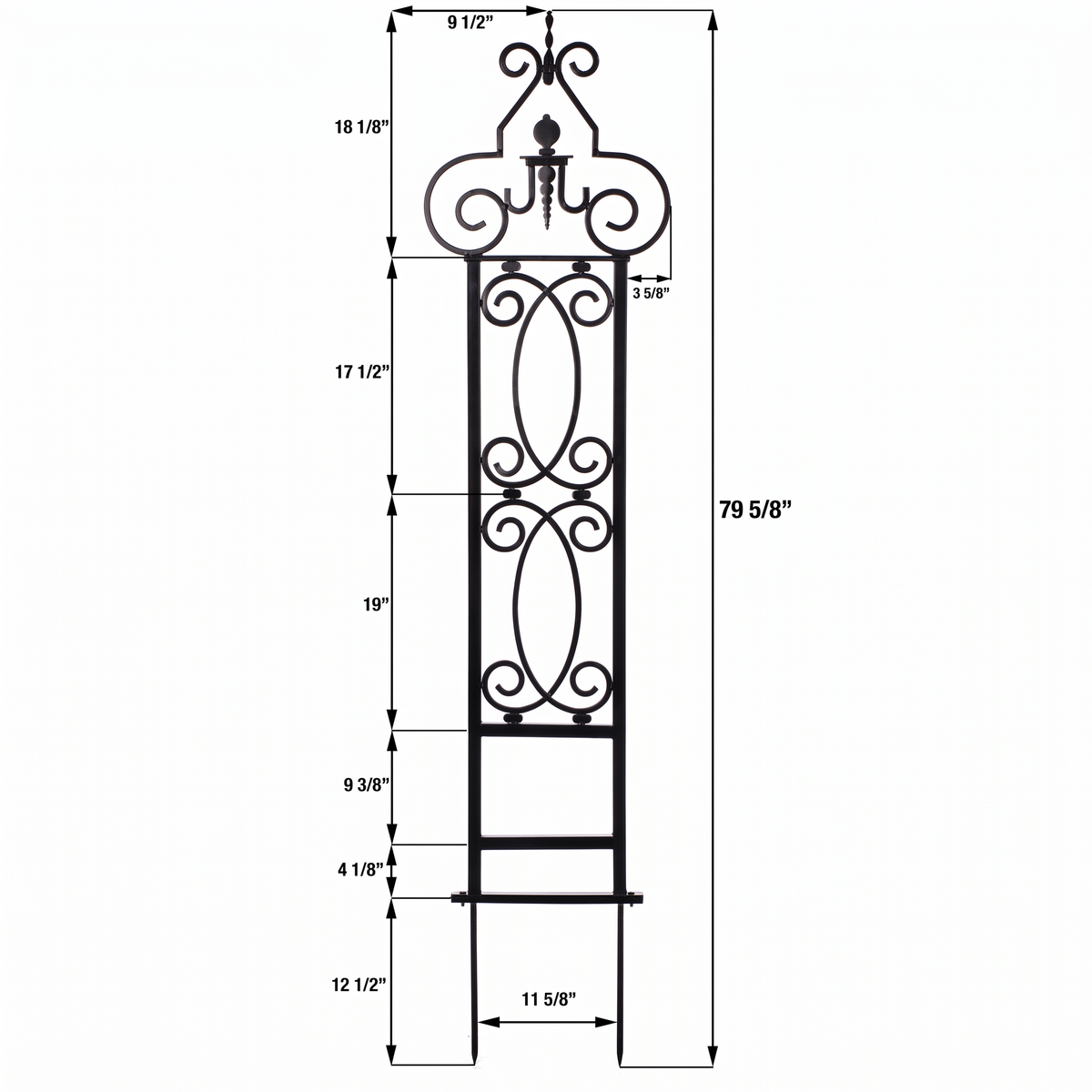 H Potter Heritage Scroll black garden trellis dimensions showing 79 5/8 inch overall height and 12 1/2 inch ground spikes