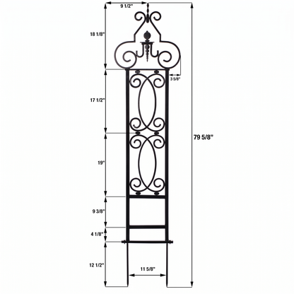 H Potter Heritage Scroll black garden trellis dimensions showing 79 5/8 inch overall height and 12 1/2 inch ground spikes