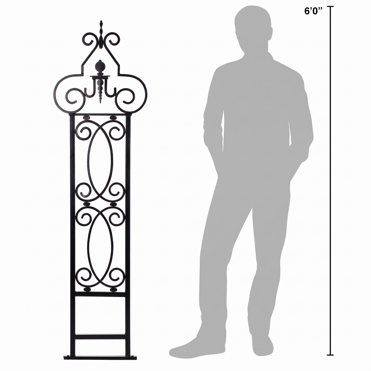 H Potter Heritage Scroll black garden trellis shown beside a 6-foot person for scale