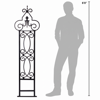 H Potter Heritage Scroll black garden trellis shown beside a 6-foot person for scale