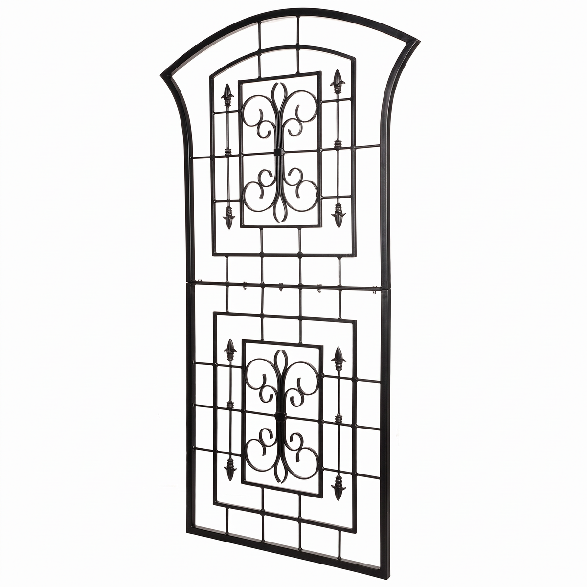 H Potter Kingsley black iron garden trellis angled view showing decorative scrollwork